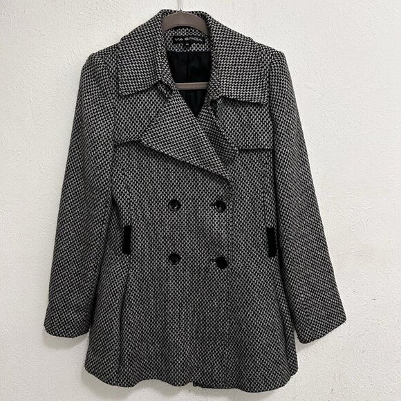 Via Spiga Coat Black Gray Check Double Breasted Peacoat Jacket Wool Cotton Sz 10 - Picture 1 of 12